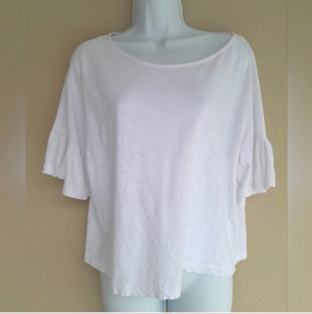 Zara White Ruffle Sleeve Tee 100% Cotton Large